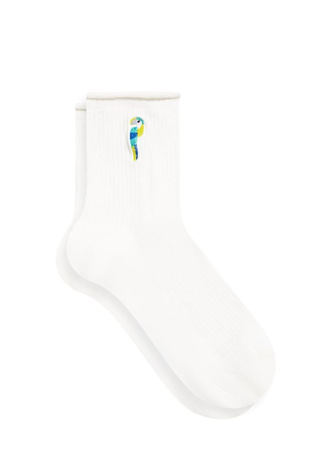  Mavi Kuş İşlemeli Beyaz Soket Çorap 1912432-34523