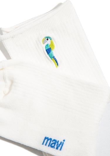  Mavi Kuş İşlemeli Beyaz Soket Çorap 1912432-34523