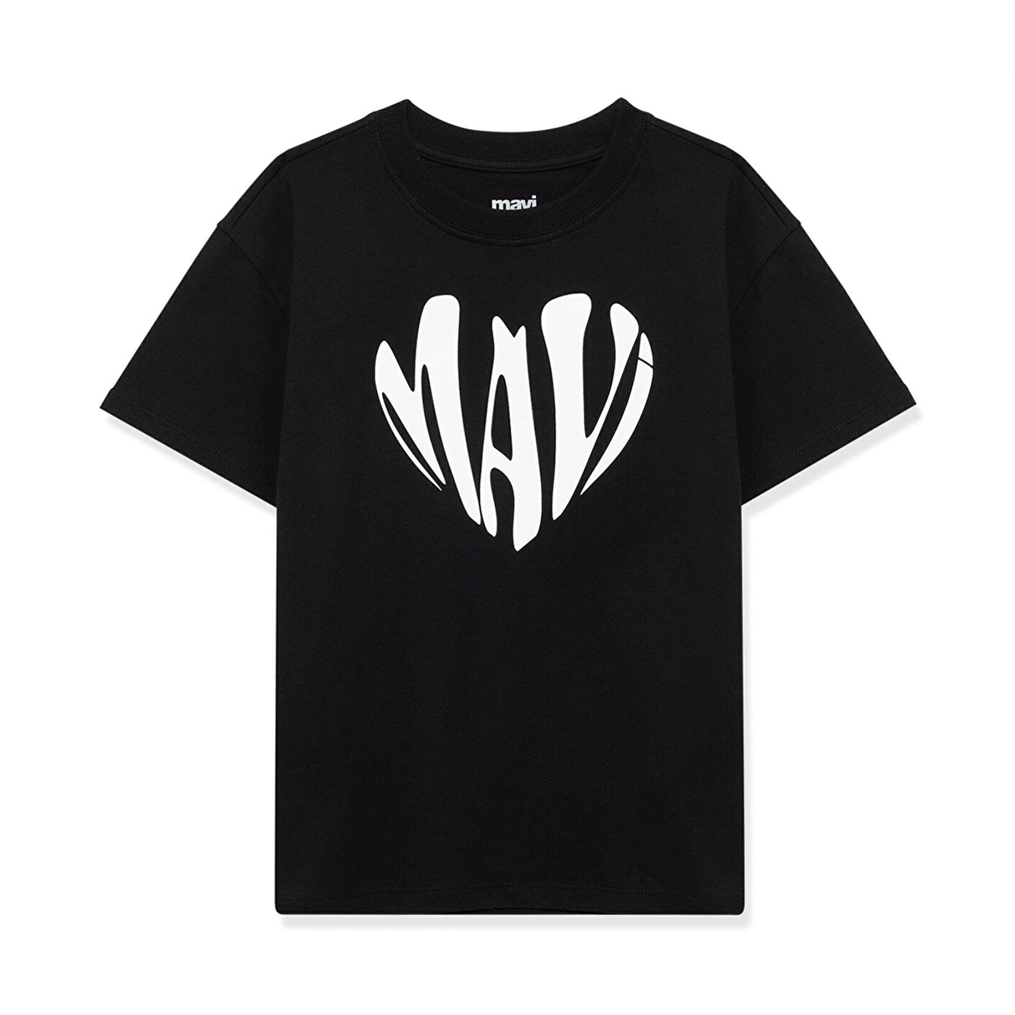 Mavi Mavi Kalp Baskılı Siyah Tişört Loose Fit / Bol Rahat Kesim 7610192-900