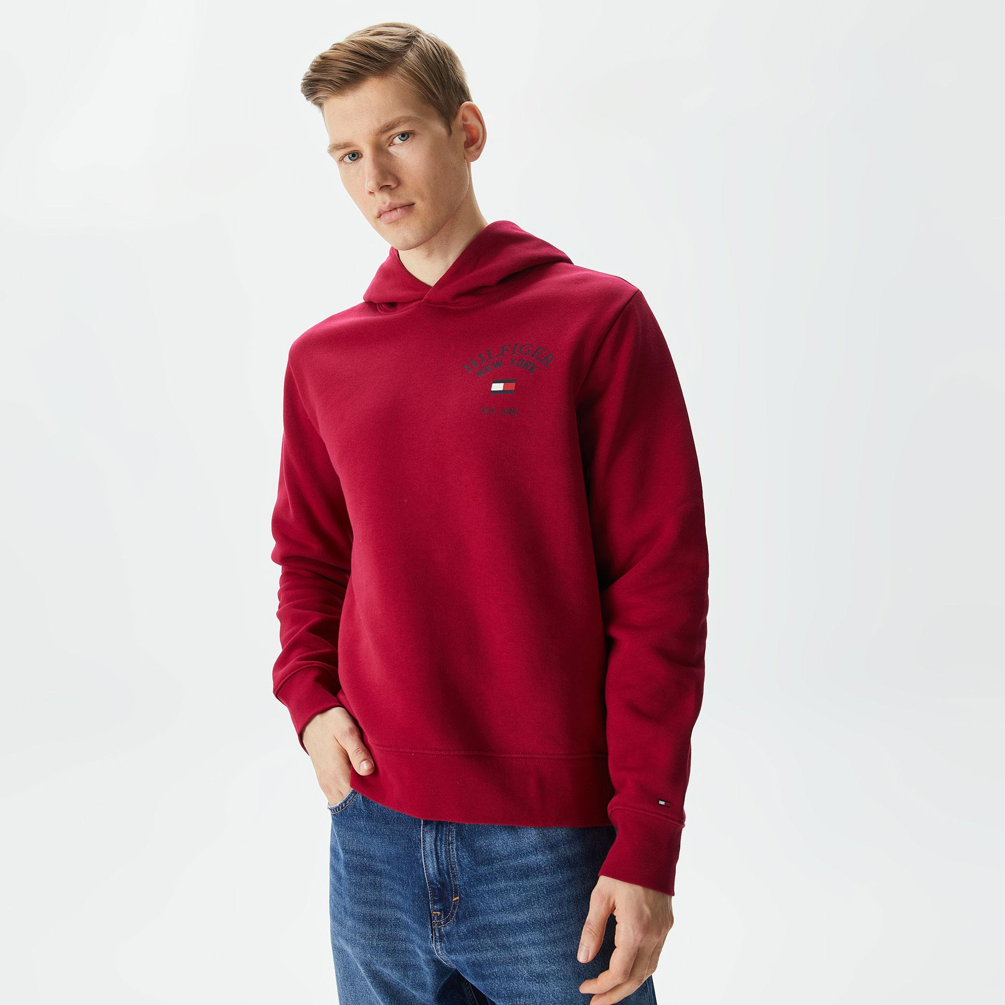 Tommy Hilfiger Arched Varsity Hoodie Erkek Kırmızı Sweatshirt