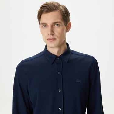  Erkek Slim Fit Düğmeli Yaka Lacivert Gömlek