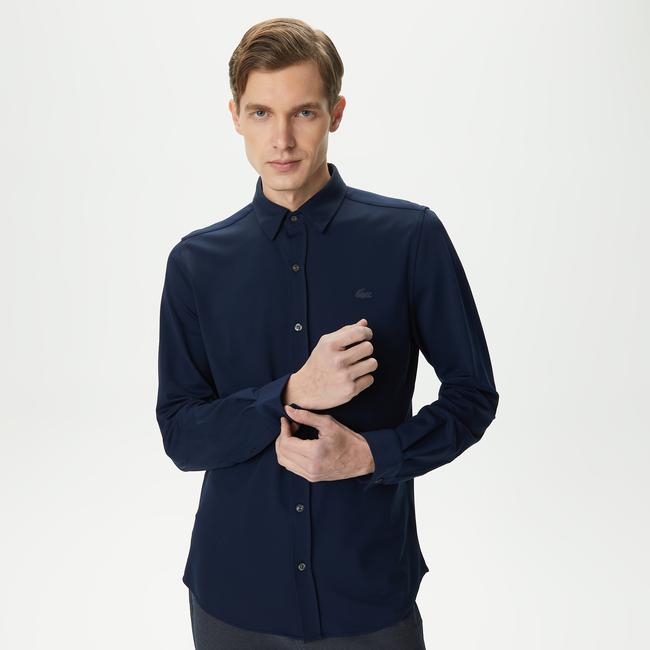  Erkek Slim Fit Düğmeli Yaka Lacivert Gömlek