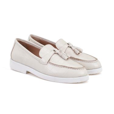  Kadın Ekru Kroko Baskılı Deri Loafer
