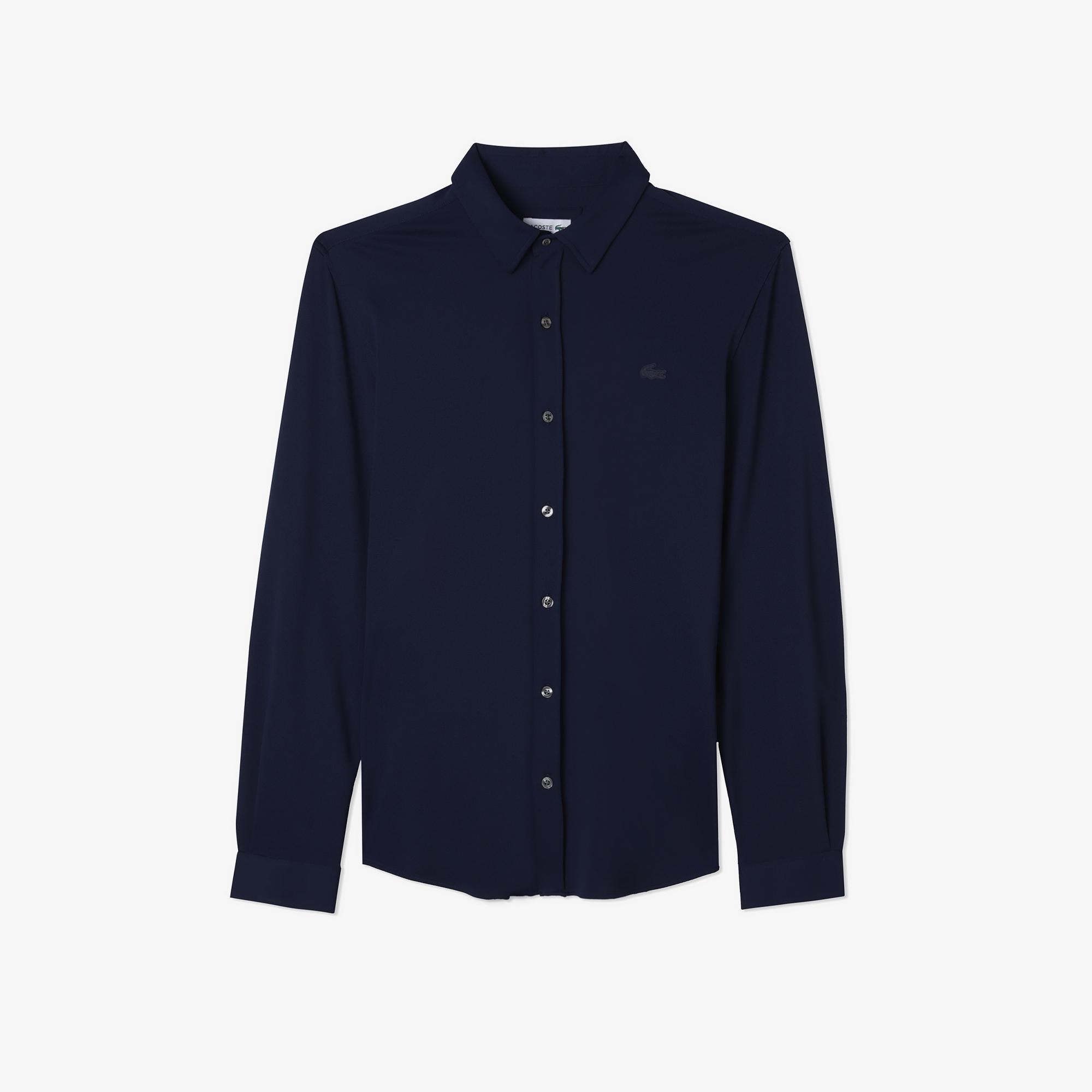 Erkek Slim Fit Düğmeli Yaka Lacivert Gömlek