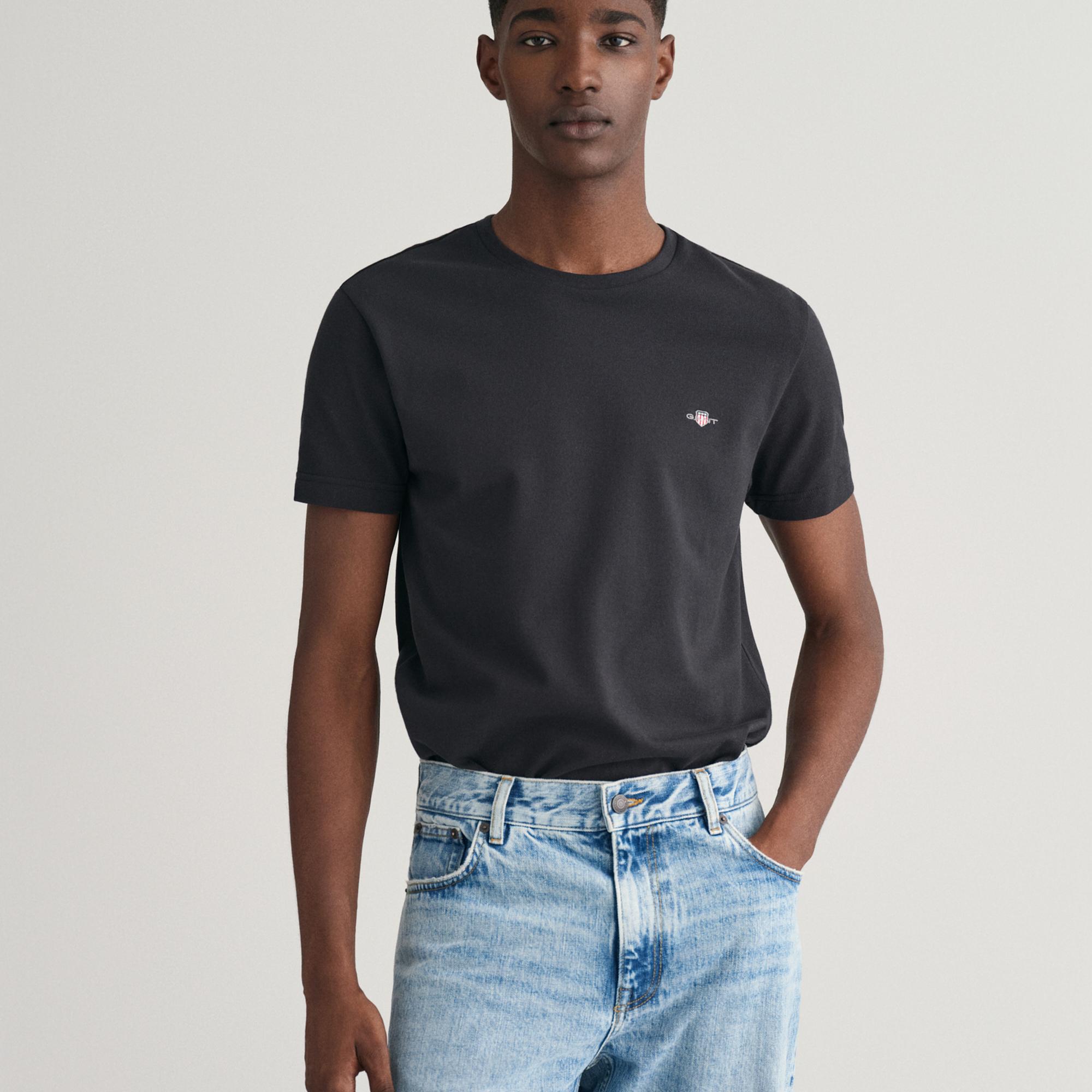 GANT Erkek Siyah Slim Fit Bisiklet Yaka T-Shirt