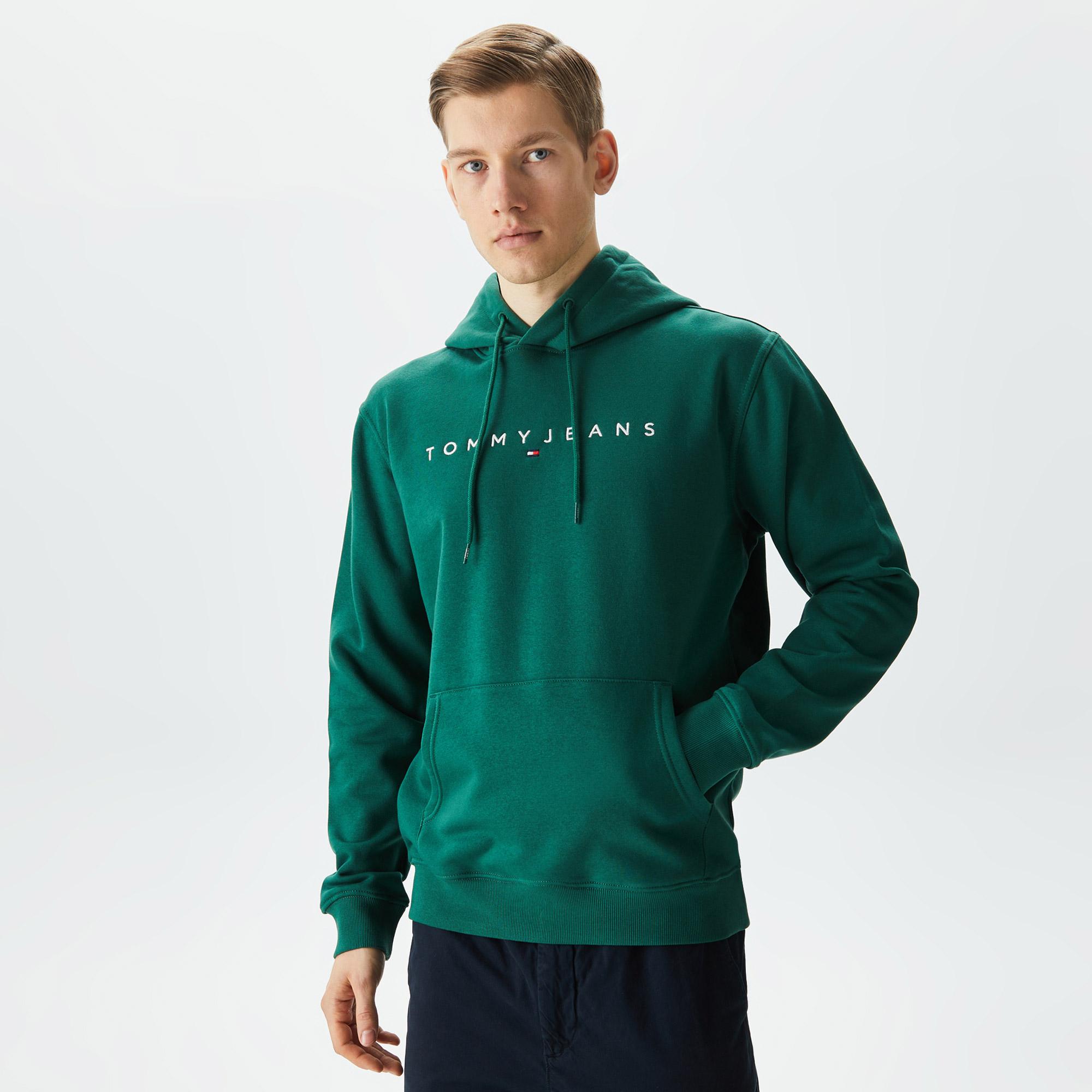 Tommy Jeans Reg Linear Logo Hoodie Erkek Yeşil Sweatshirt