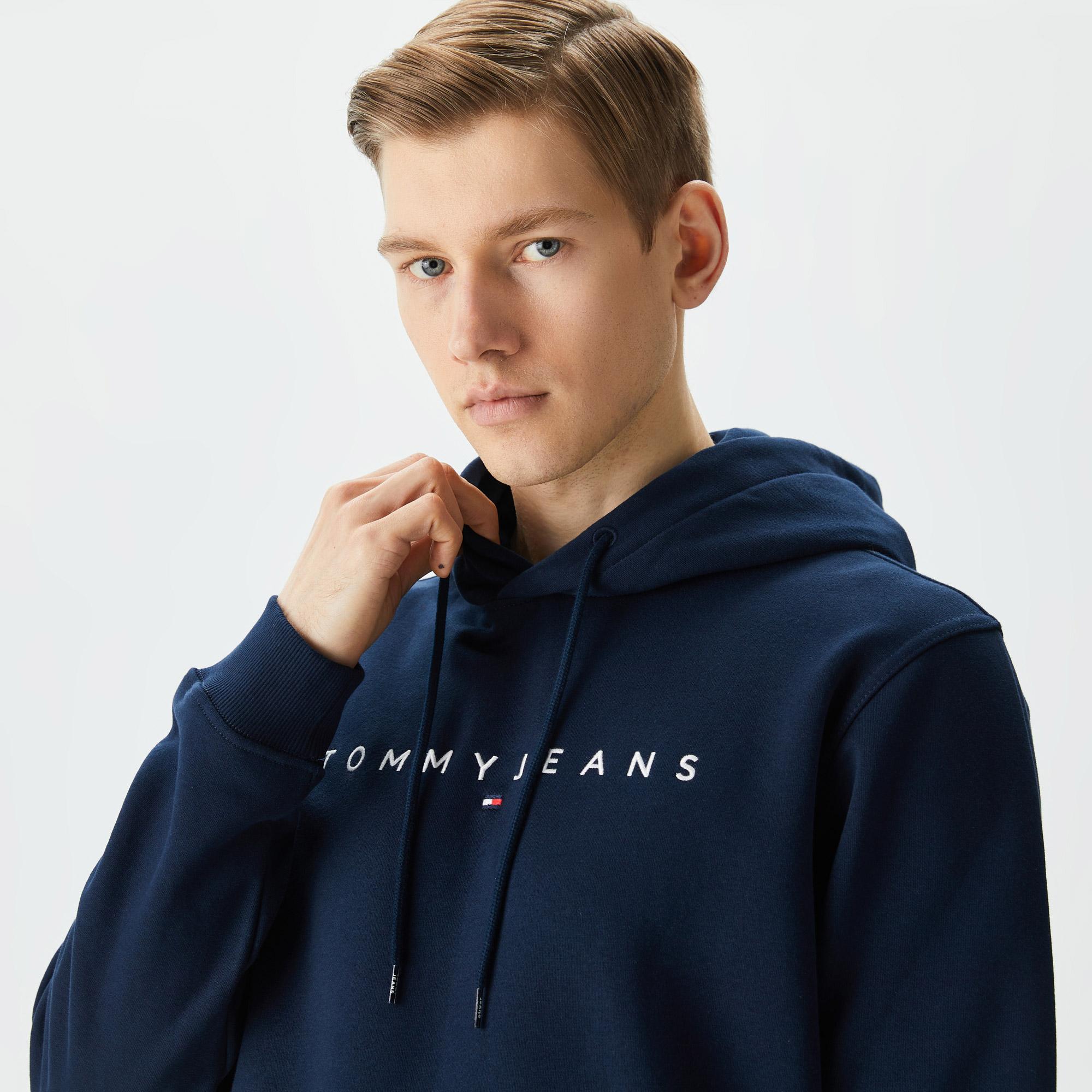 Tommy Jeans Reg Linear Logo Hoodie Erkek Lacivert Sweatshirt