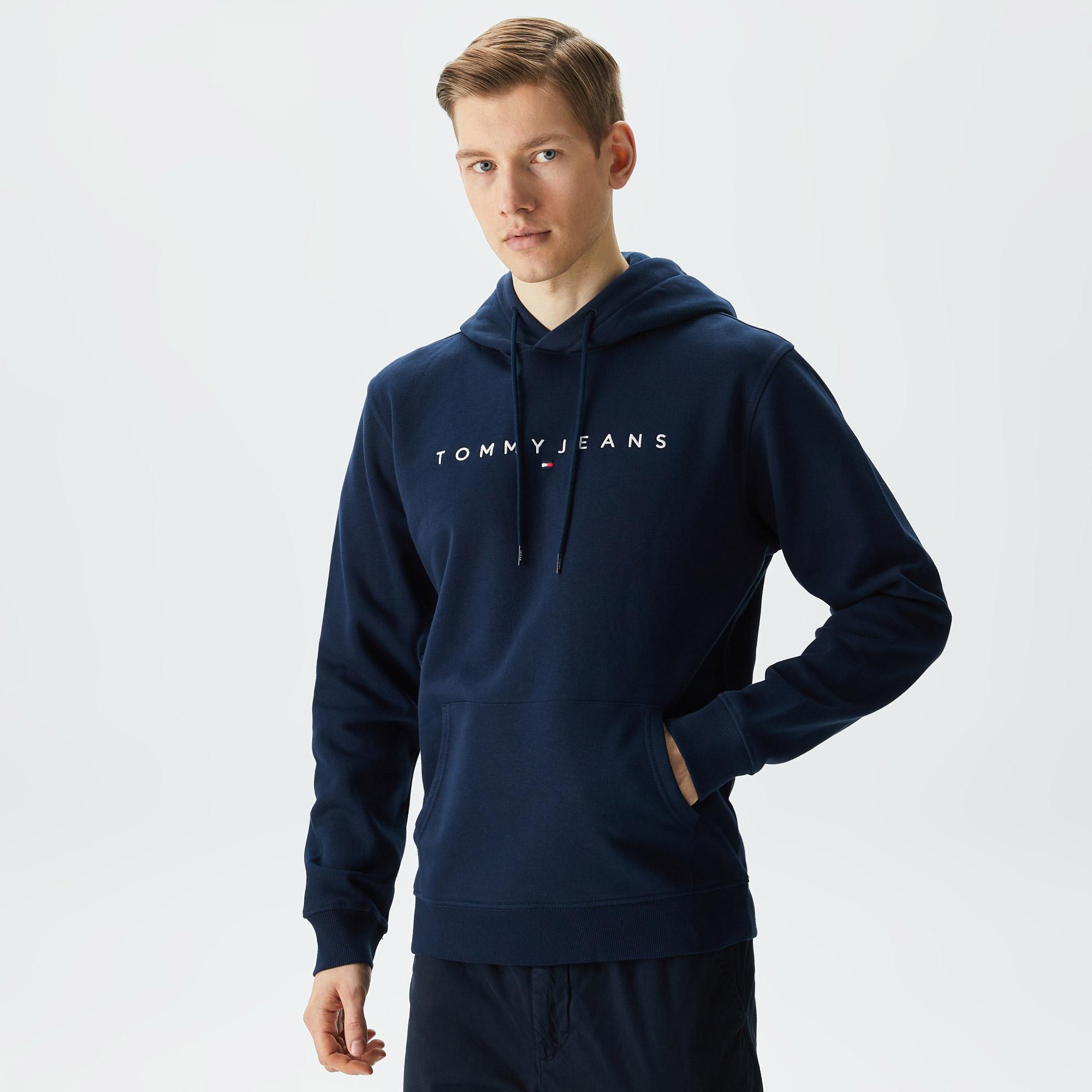 Tommy Jeans Reg Linear Logo Hoodie Erkek Lacivert Sweatshirt