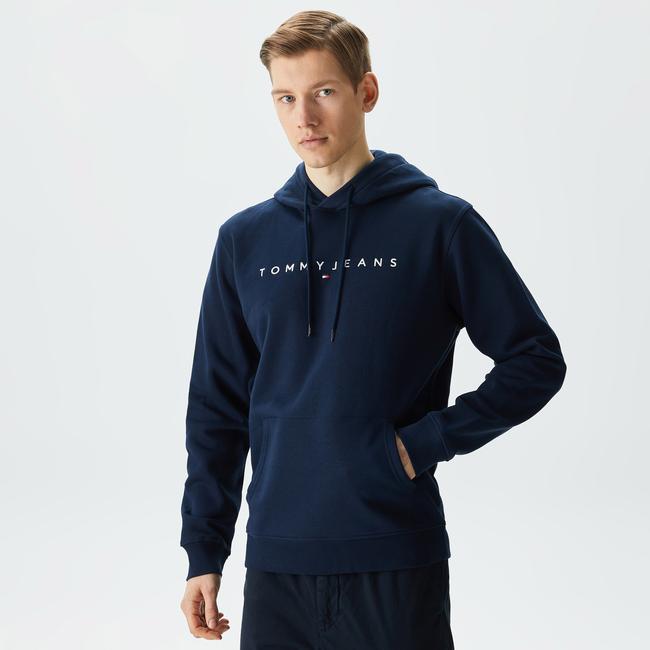  Tommy Jeans Reg Linear Logo Hoodie Erkek Lacivert Sweatshirt