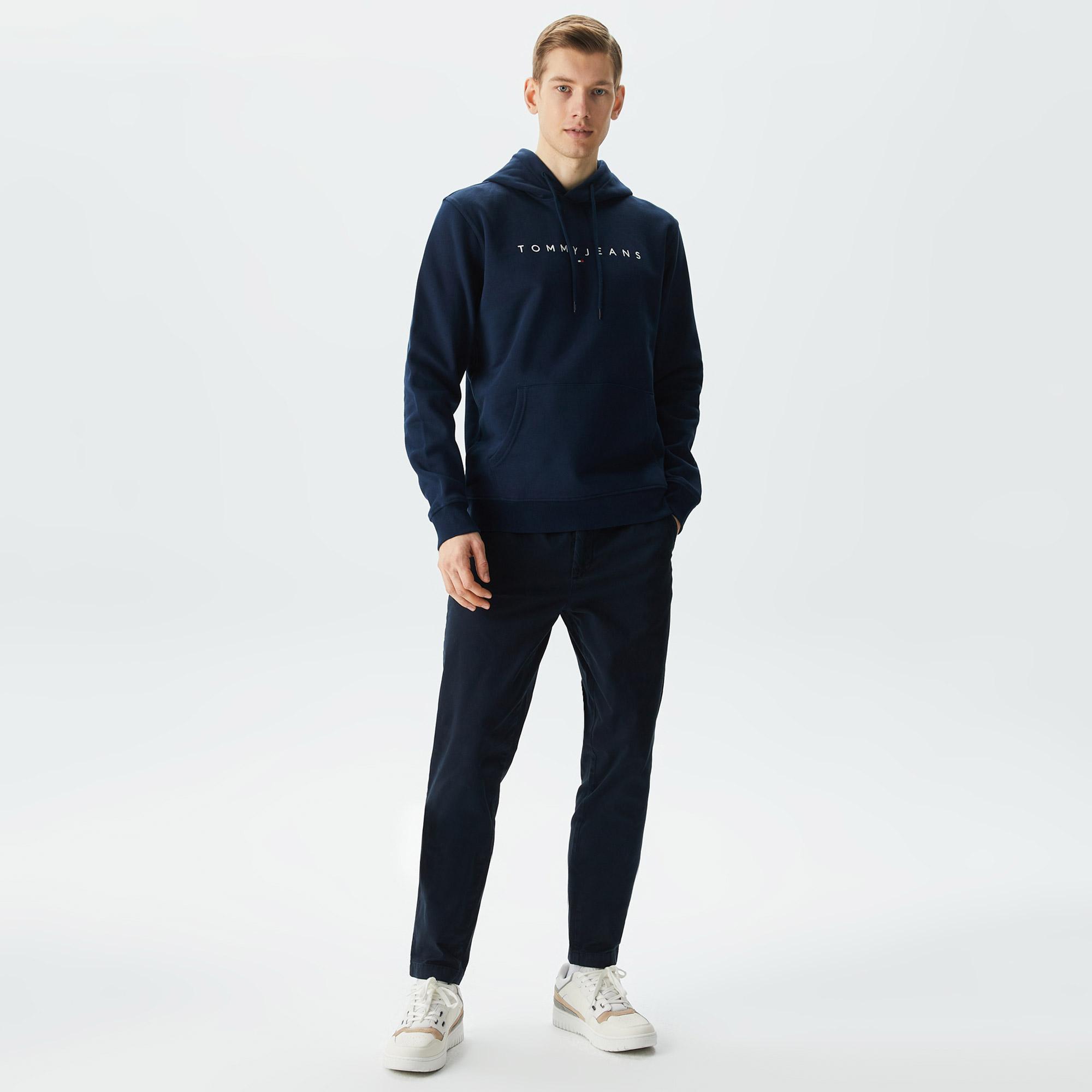 Tommy Jeans Reg Linear Logo Hoodie Erkek Lacivert Sweatshirt