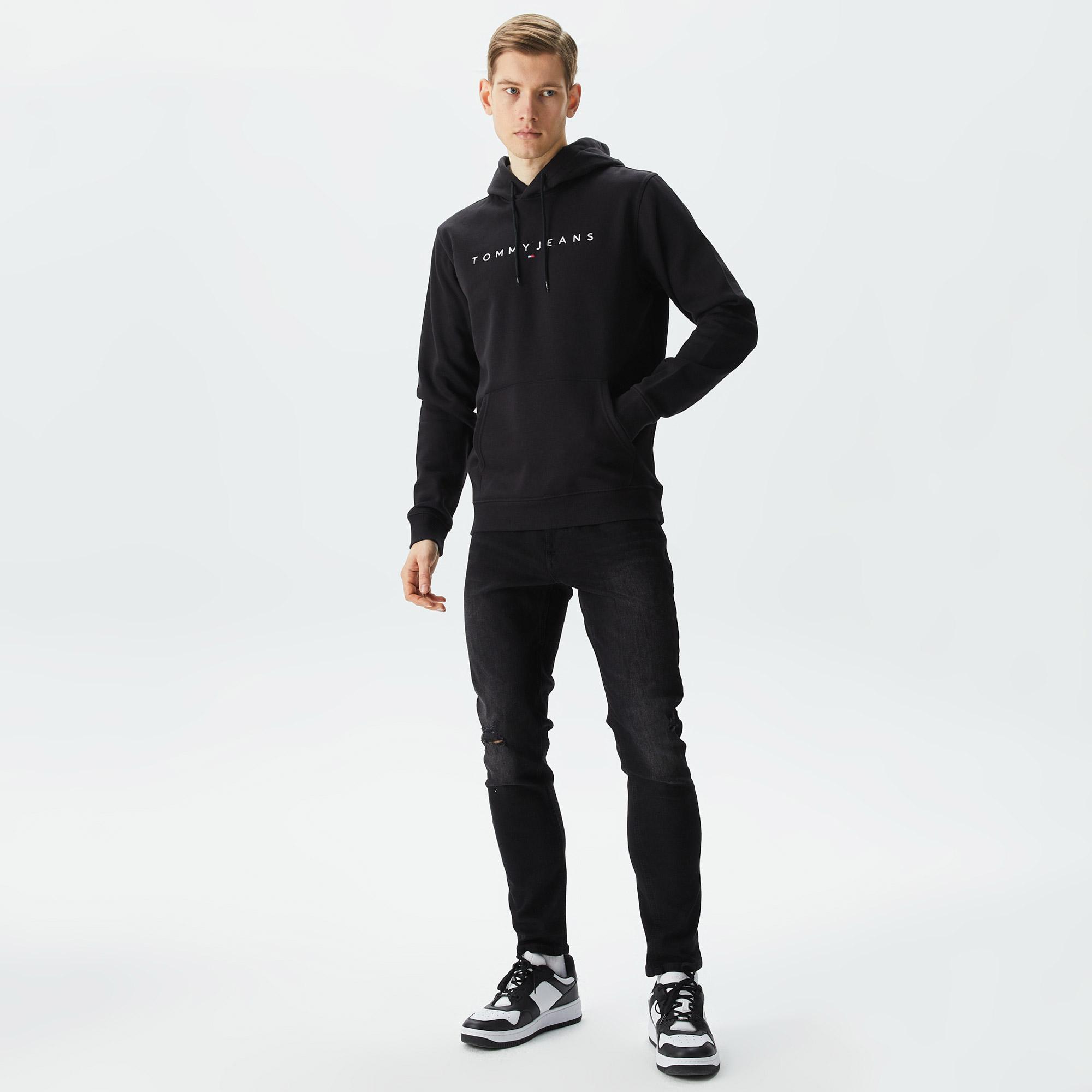 Tommy Jeans Reg Linear Logo Hoodie Erkek Siyah Sweatshirt