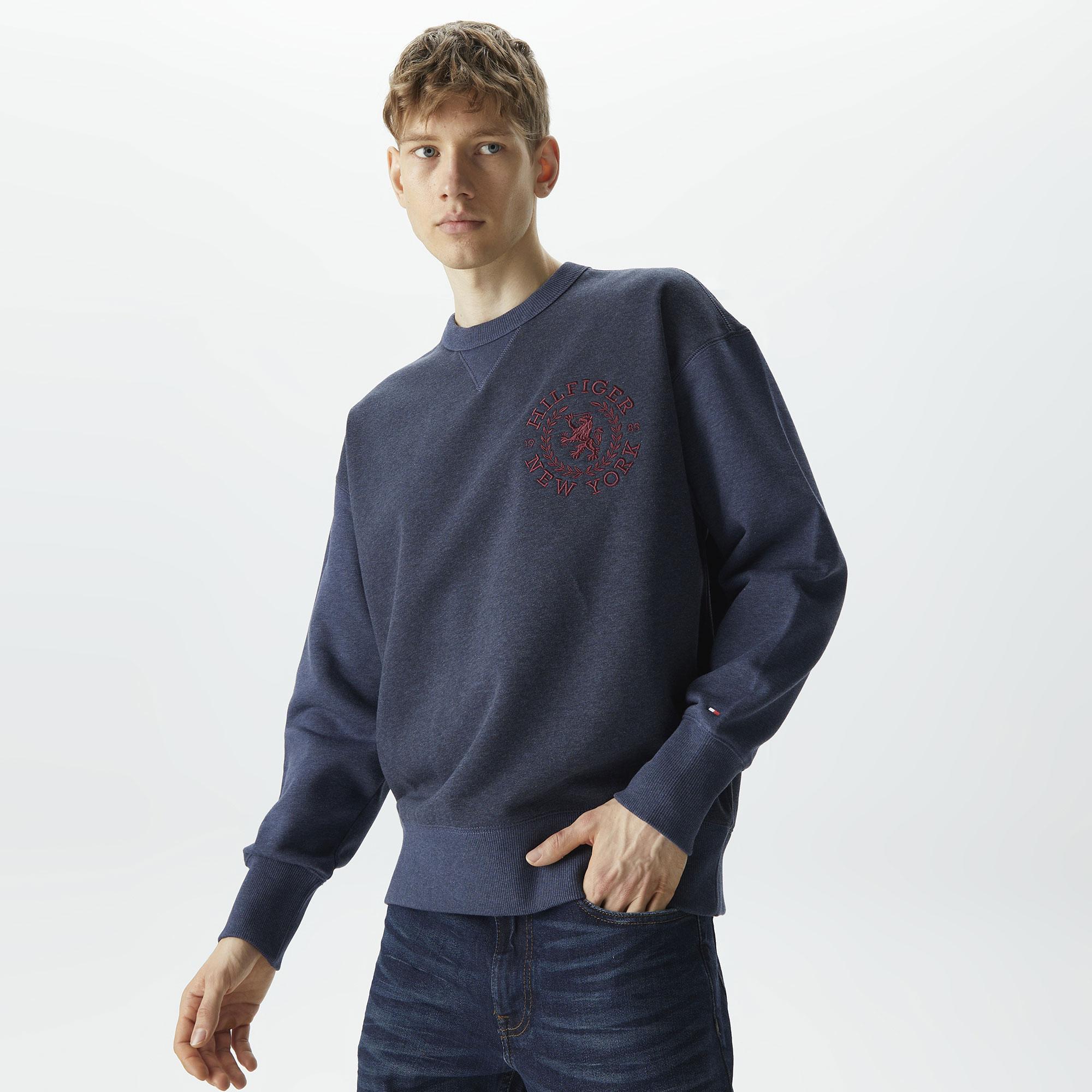 Tommy Hilfiger Small Crest Crewneck Erkek Mavi Sweatshirt