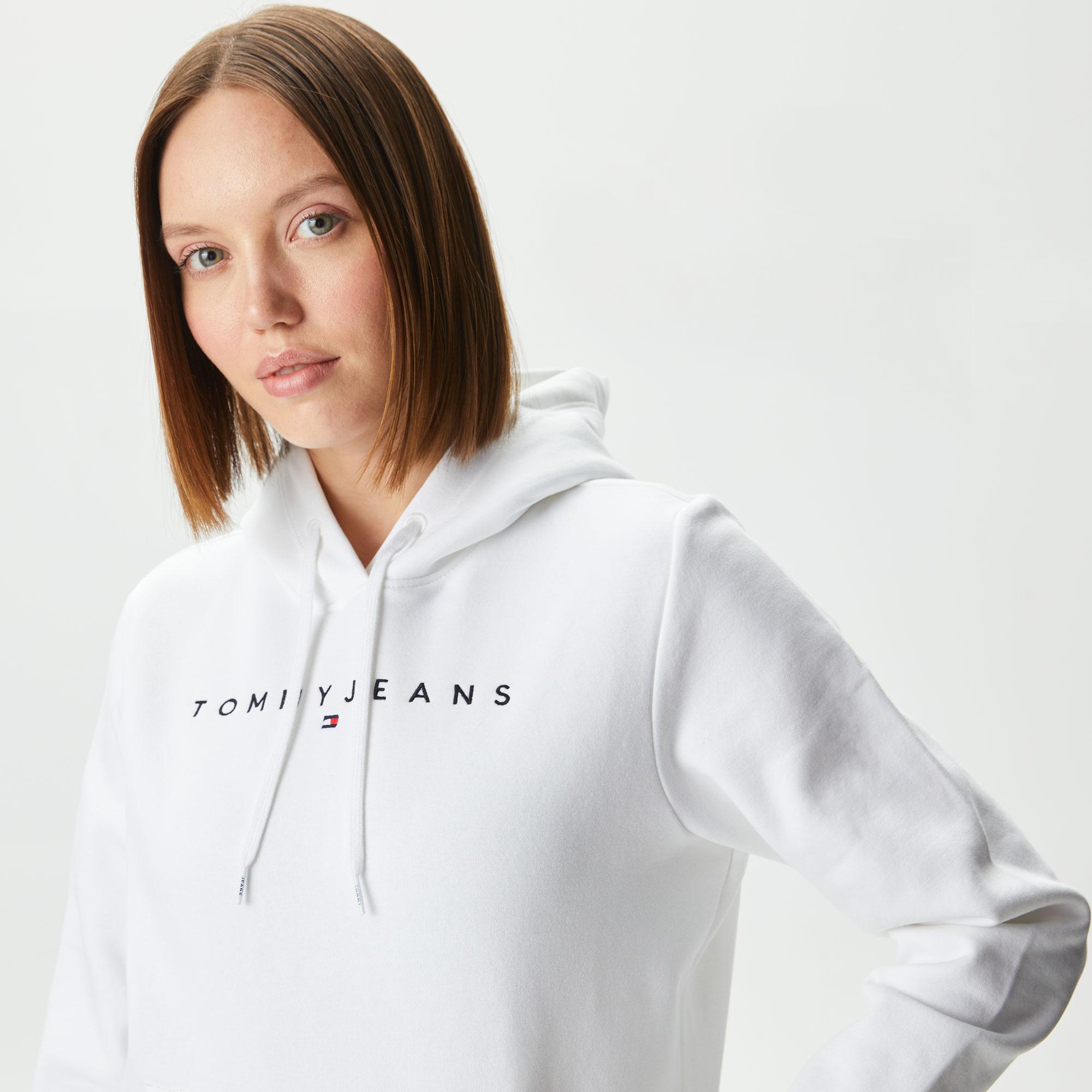 Tommy Jeans Reg Linear Hoodie Kadın Beyaz Sweatshirt