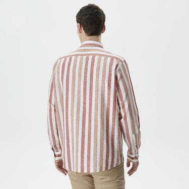  Nautica Erkek Turuncu Classic Fit Uzun Kollu Çizgili Keten Gömlek