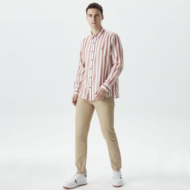  Nautica Erkek Turuncu Classic Fit Uzun Kollu Çizgili Keten Gömlek