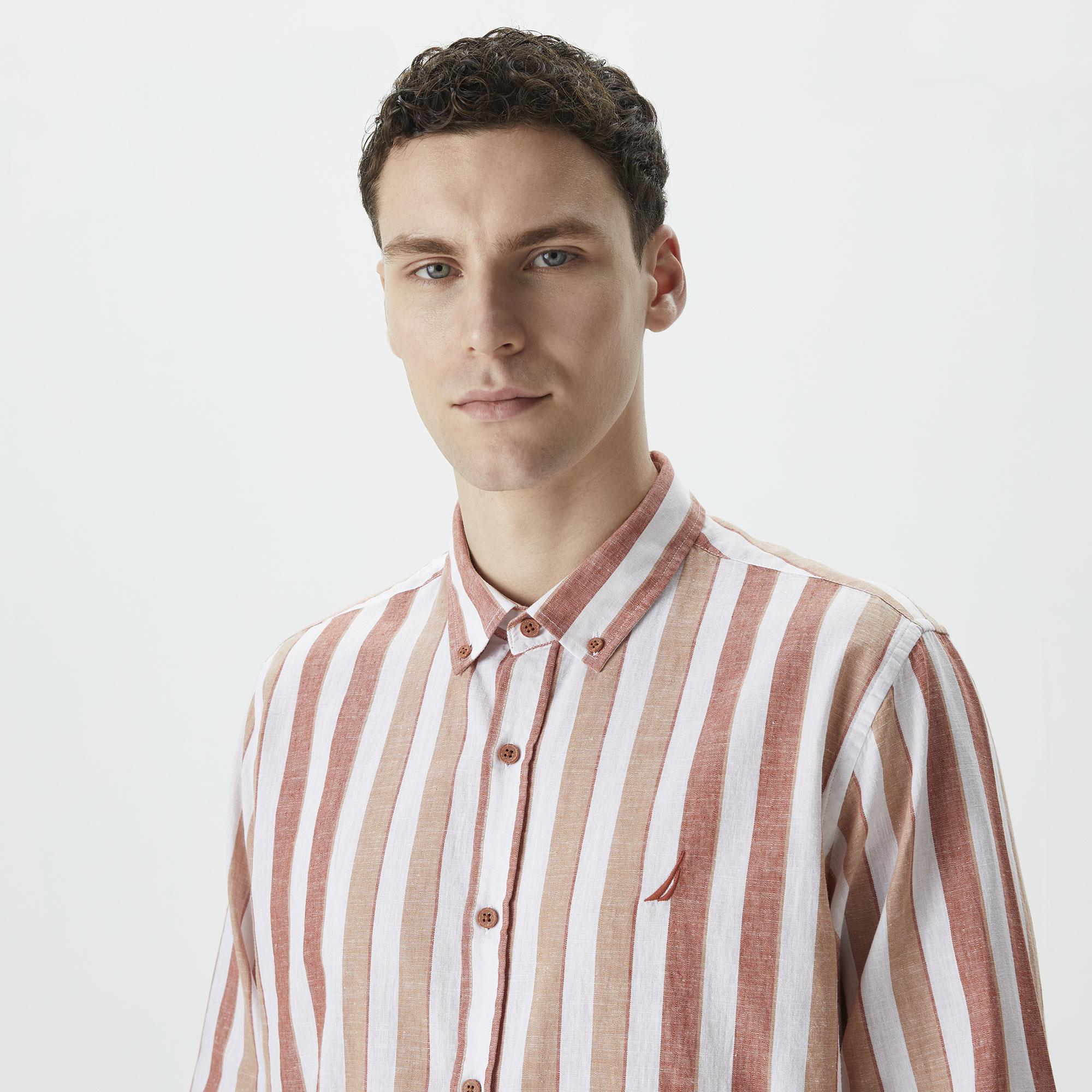 Nautica Erkek Turuncu Classic Fit Uzun Kollu Çizgili Keten Gömlek