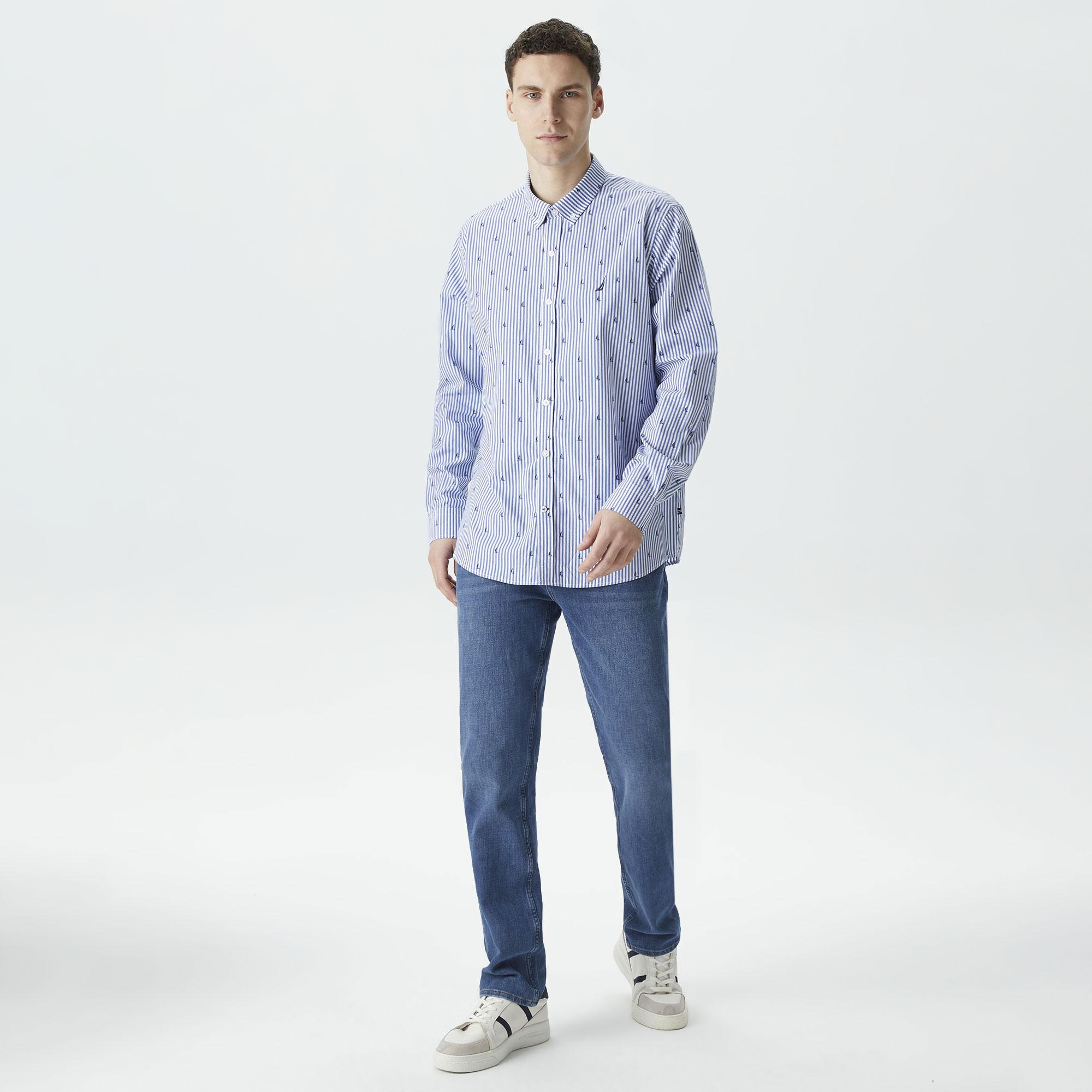 Nautica Erkek Mavi Classic Fit Uzun Kollu Desenli Gömlek
