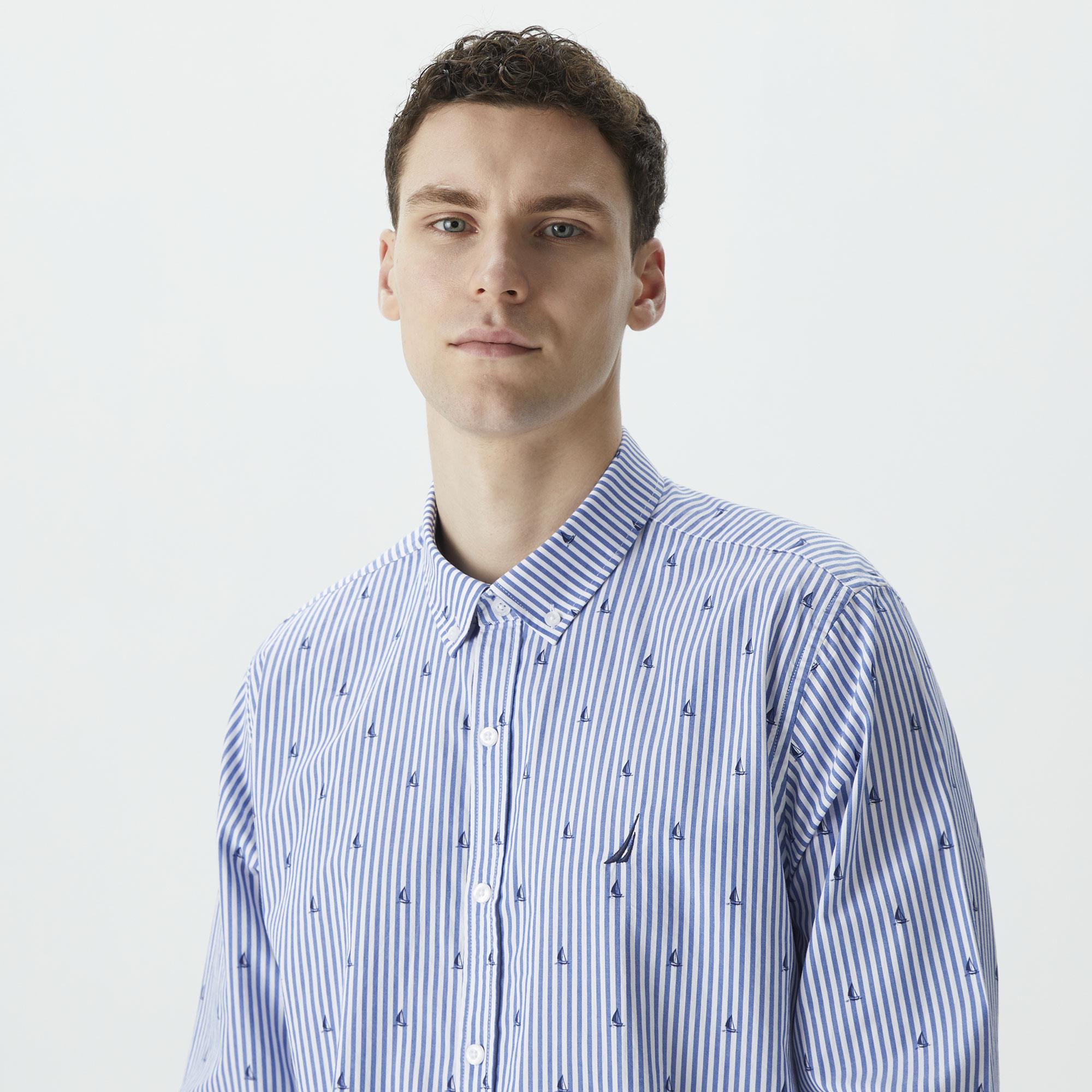 Nautica Erkek Mavi Classic Fit Uzun Kollu Desenli Gömlek