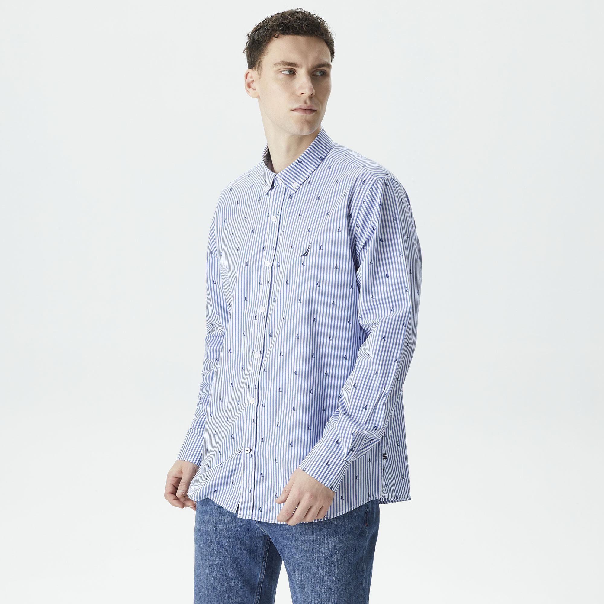 Nautica Erkek Mavi Classic Fit Uzun Kollu Desenli Gömlek