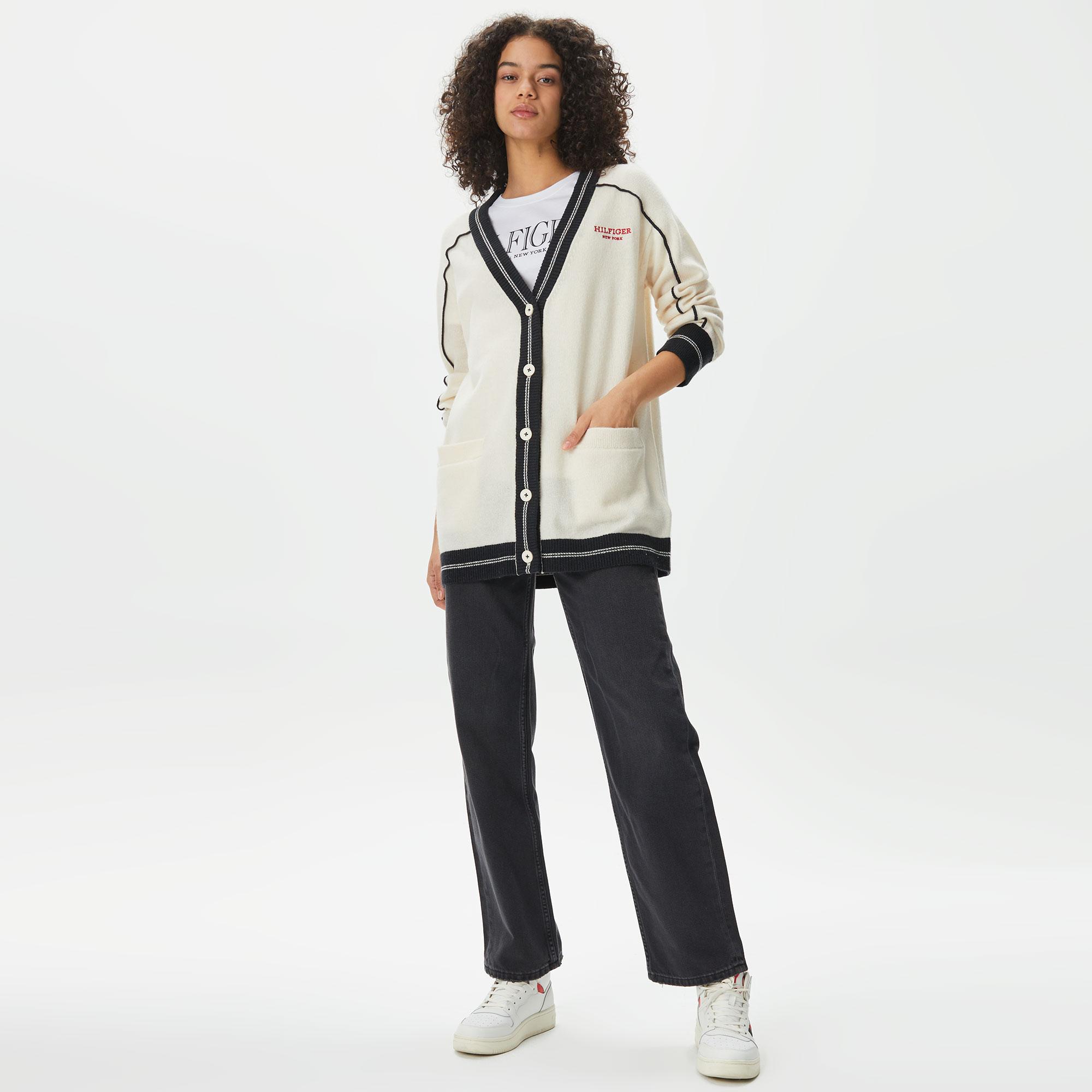 Tommy Hilfiger Monotype Placedipe Cardigan Kadın Krem Rengi Hırka