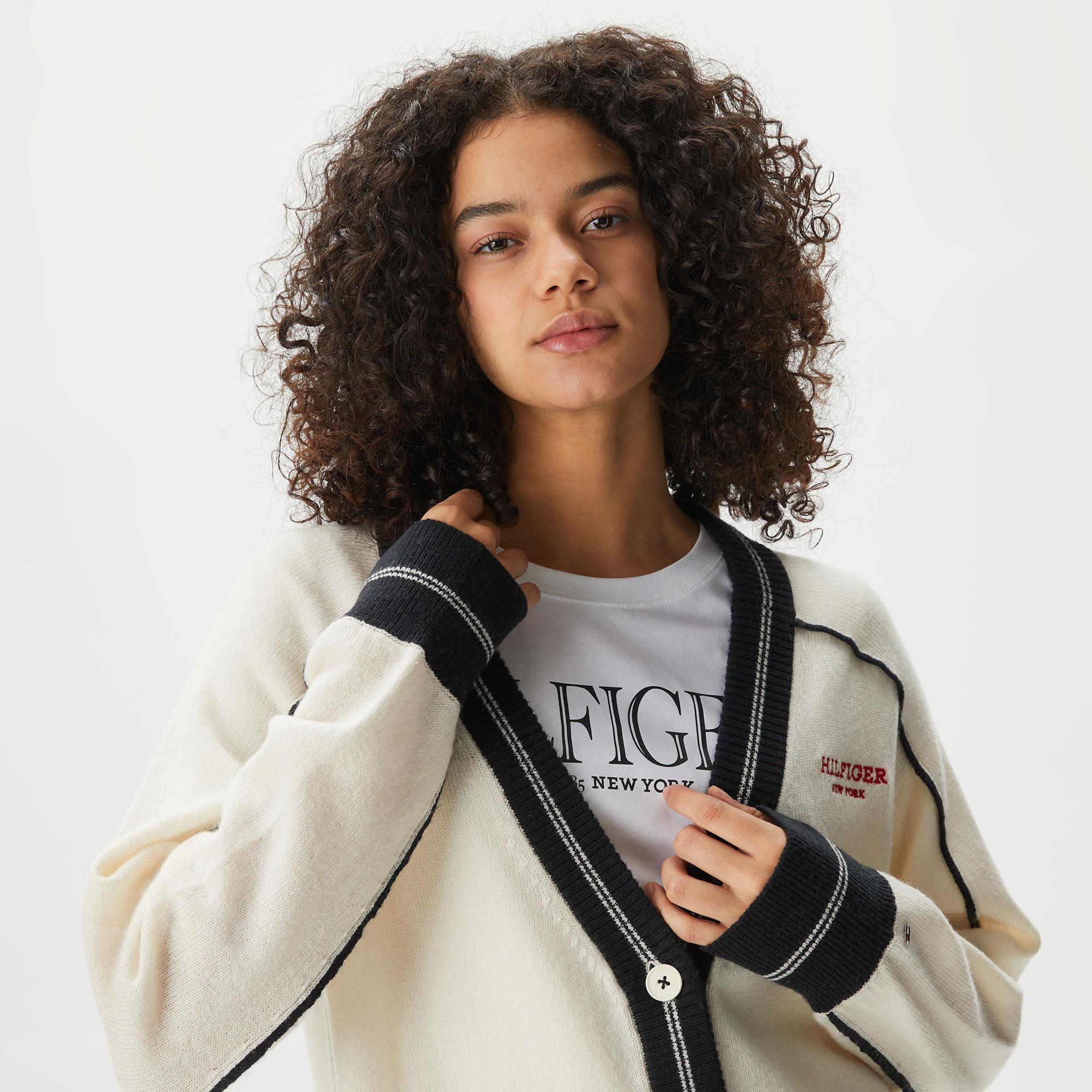 Tommy Hilfiger Monotype Placedipe Cardigan Kadın Krem Rengi Hırka