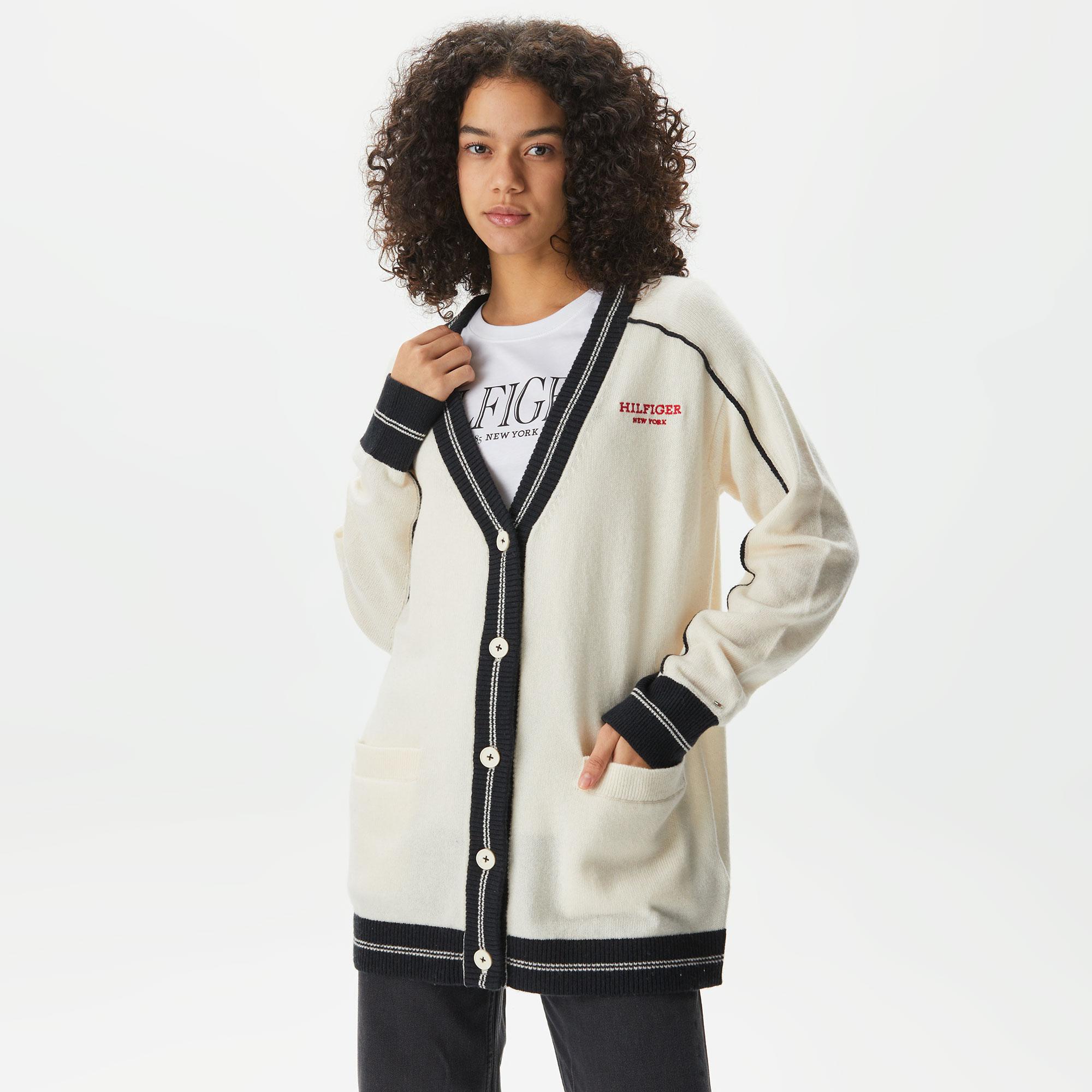 Tommy Hilfiger Monotype Placedipe Cardigan Kadın Krem Rengi Hırka