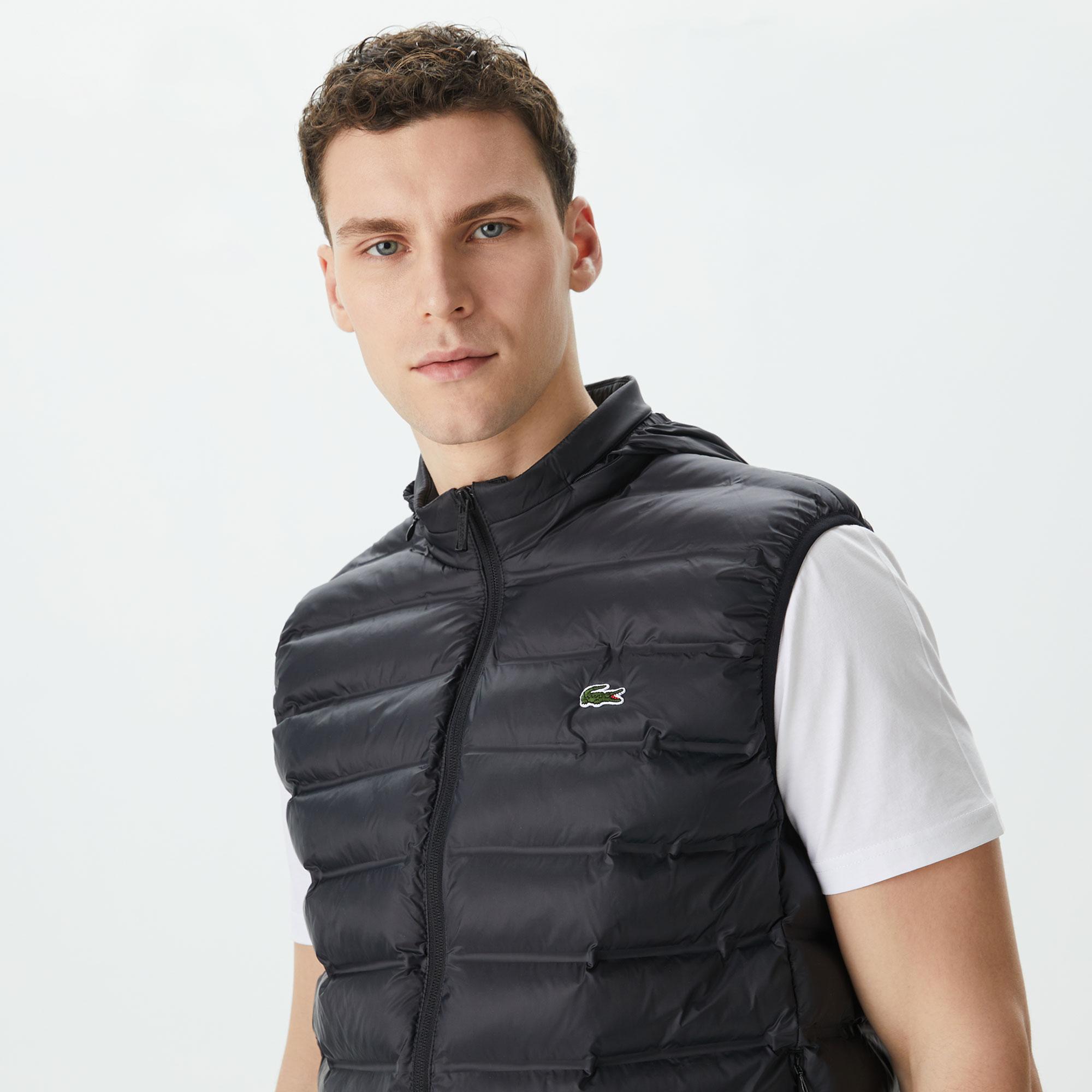 Erkek Slim Fit Kapüşonlu Siyah Yelek