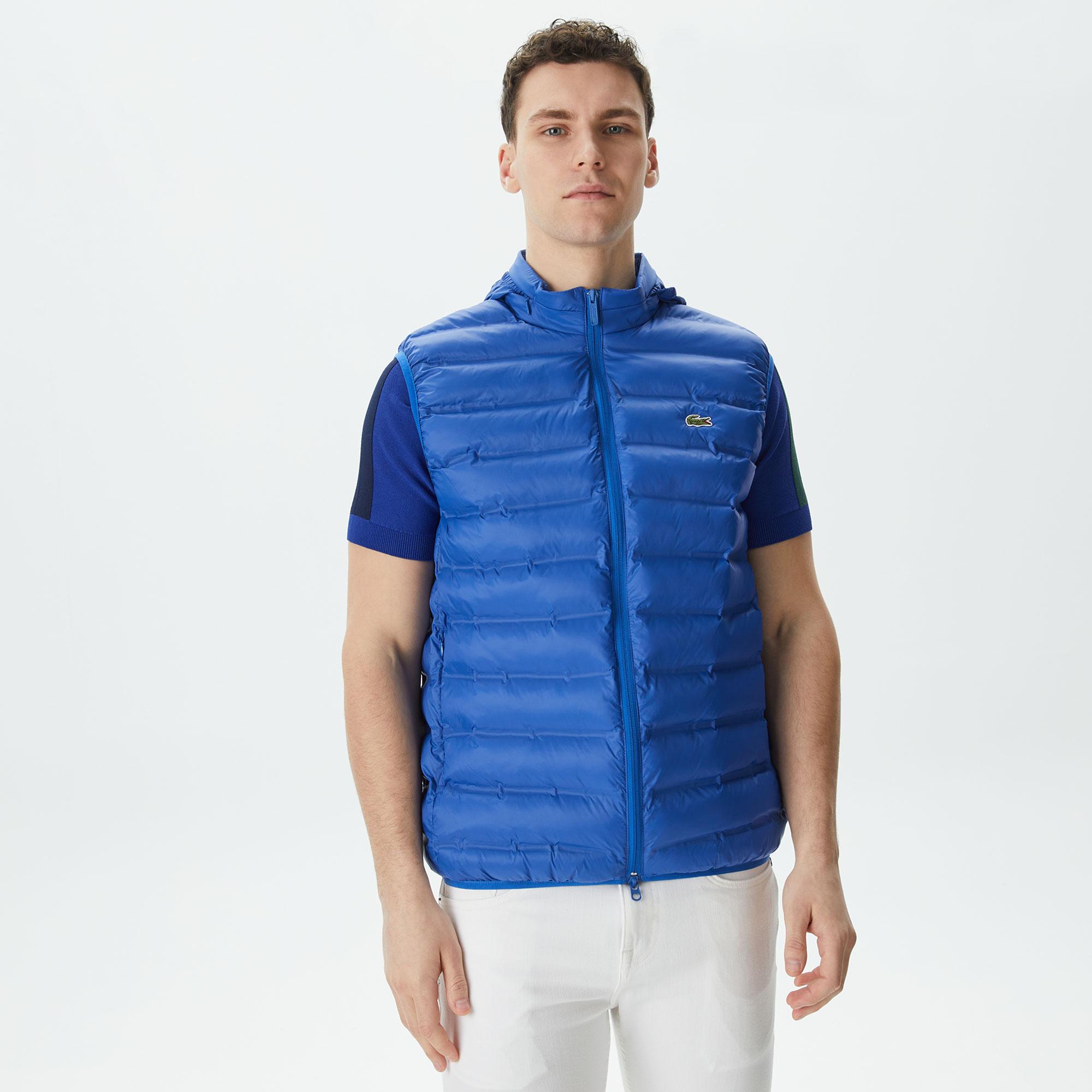 Erkek Slim Fit Kapüşonlu Mavi Yelek