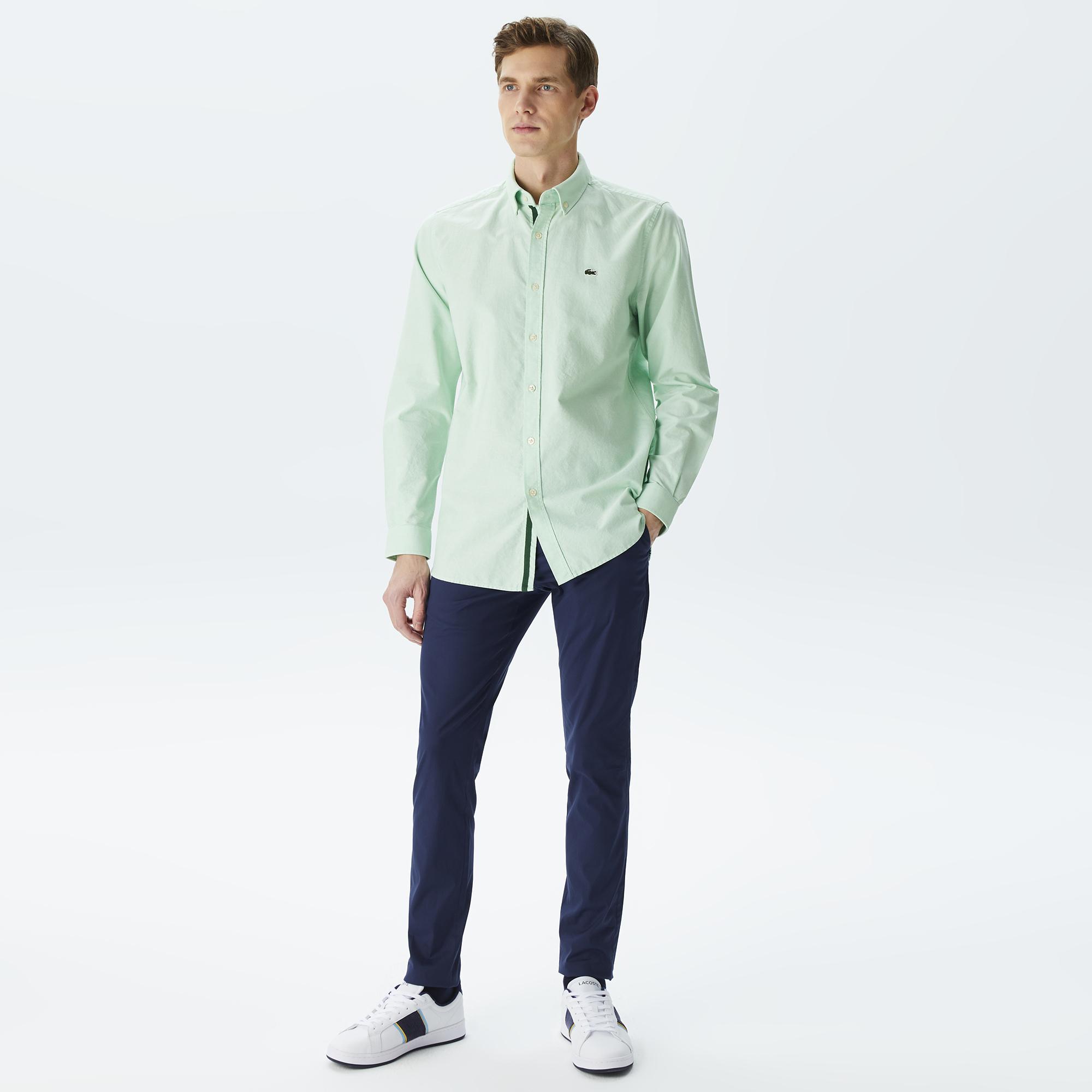 Erkek Slim Fit Düğmeli Yaka Açık Yeşil Gömlek