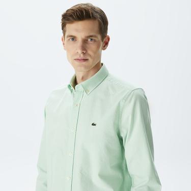  Erkek Slim Fit Düğmeli Yaka Açık Yeşil Gömlek