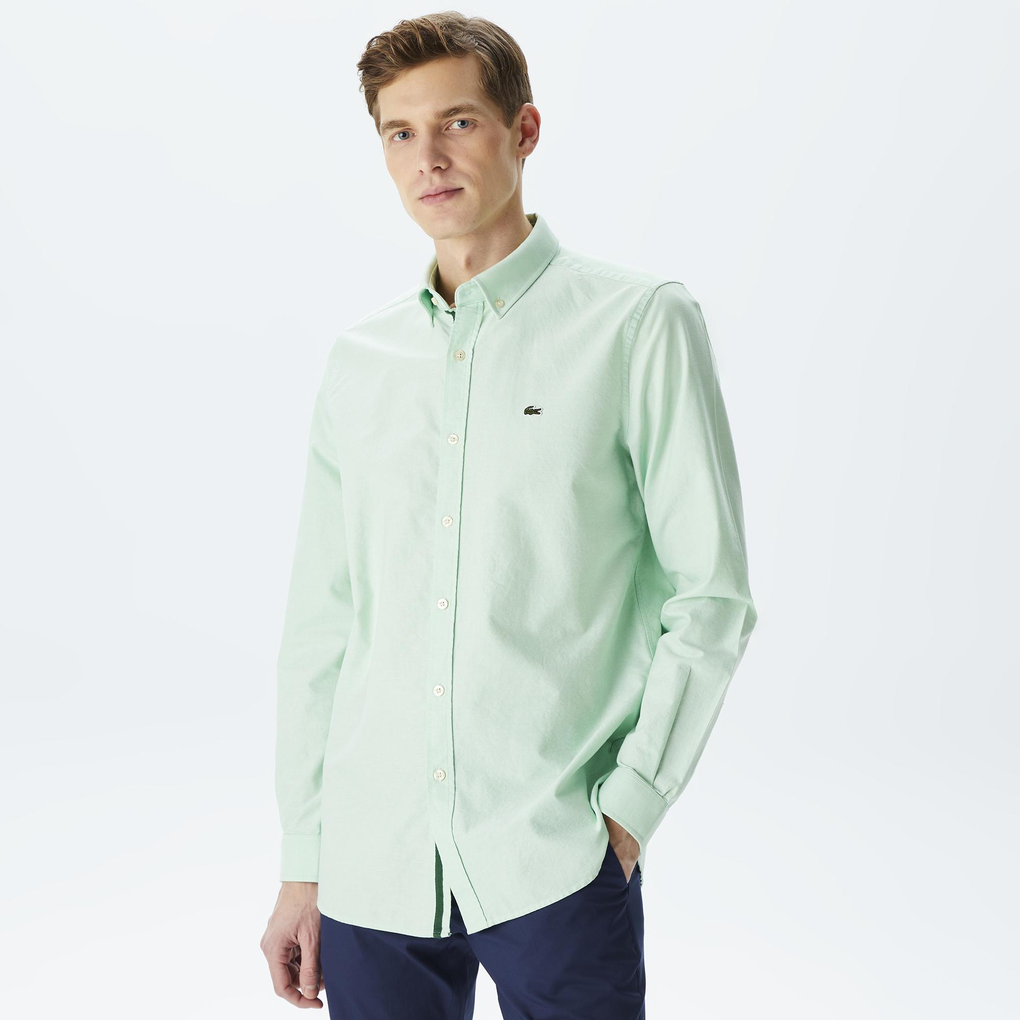 Erkek Slim Fit Düğmeli Yaka Açık Yeşil Gömlek