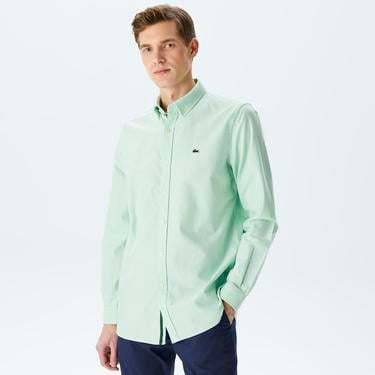  Erkek Slim Fit Düğmeli Yaka Açık Yeşil Gömlek