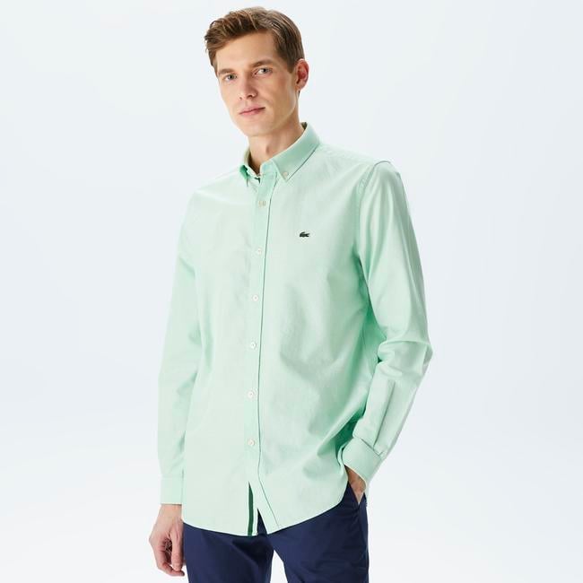  Erkek Slim Fit Düğmeli Yaka Açık Yeşil Gömlek