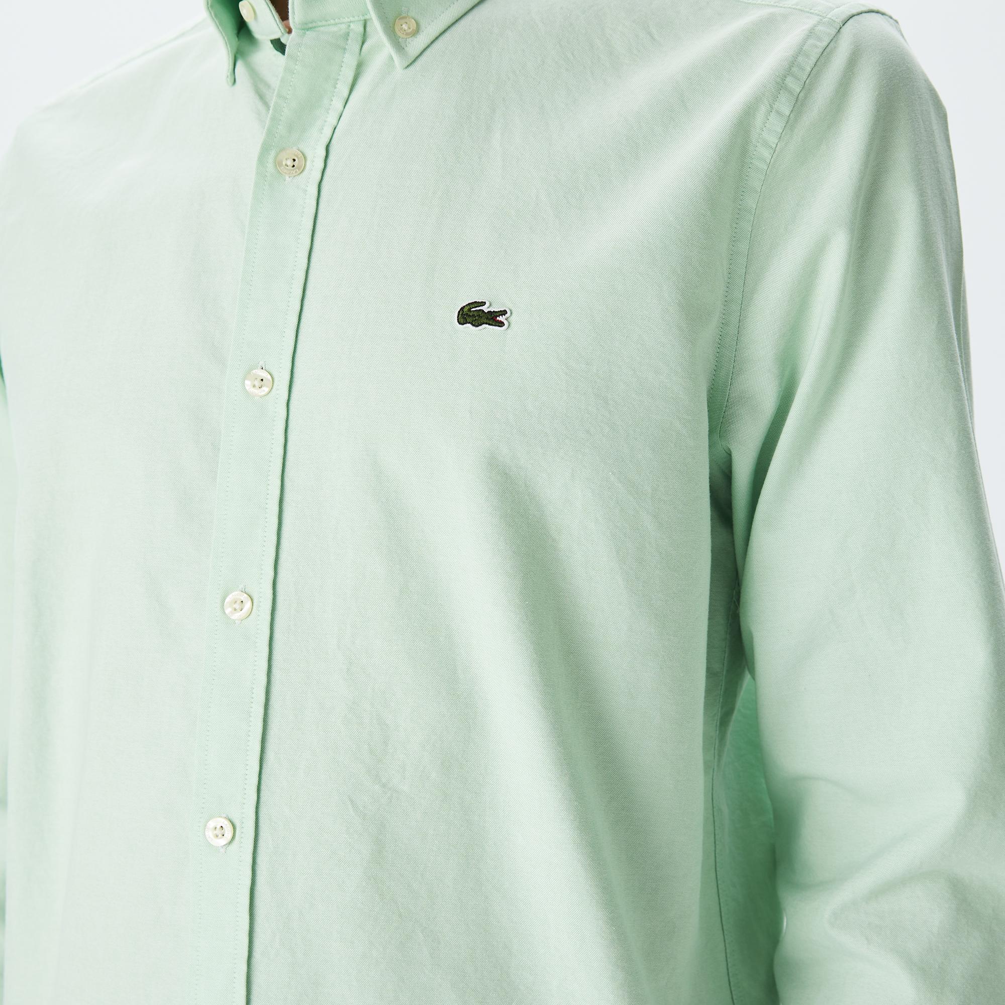 Erkek Slim Fit Düğmeli Yaka Açık Yeşil Gömlek