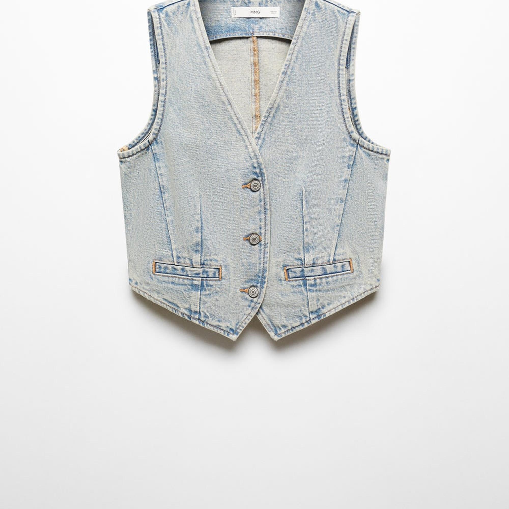 Mango Kadın Dikişli Denim Yelek Orta Vintage Mavi