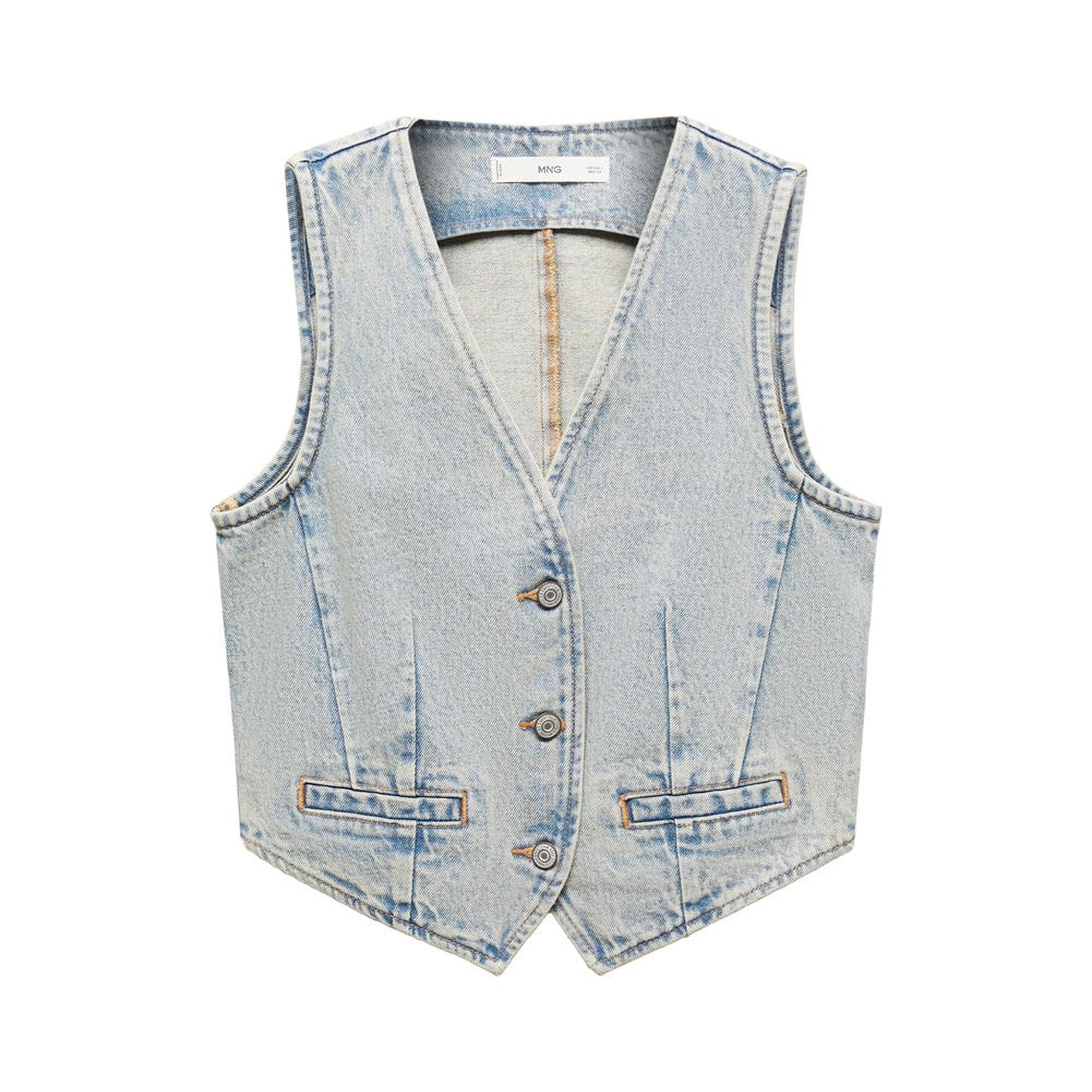 Mango Kadın Dikişli Denim Yelek Orta Vintage Mavi