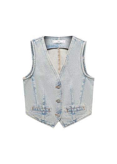  Mango Kadın Dikişli Denim Yelek Orta Vintage Mavi