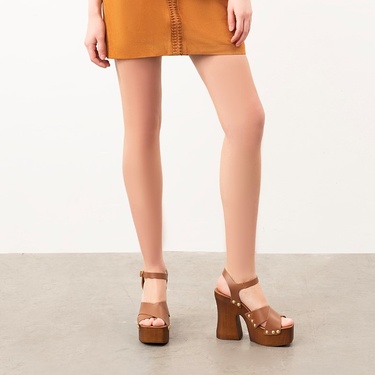  Kadın Kahve Platform Topuklu Deri Sandalet