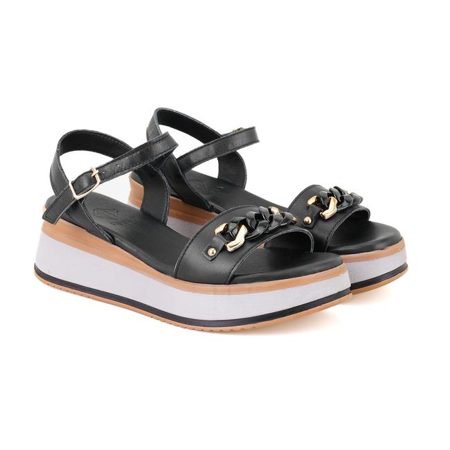  Kadın Siyah Topuklu Deri Sandalet