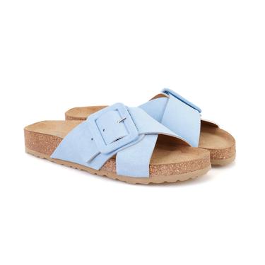  Kadın Mavi Ayarlanabilir Tokalı Süet Deri Terlik