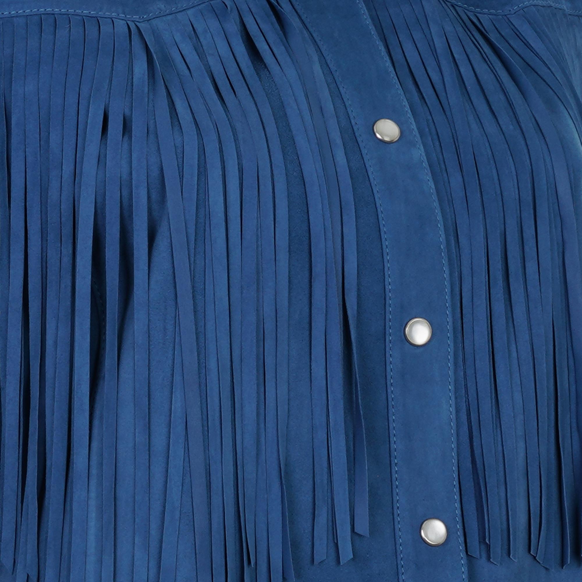 Breahne Mavi Kadın Püsküllü Western Süet Deri Gömlek