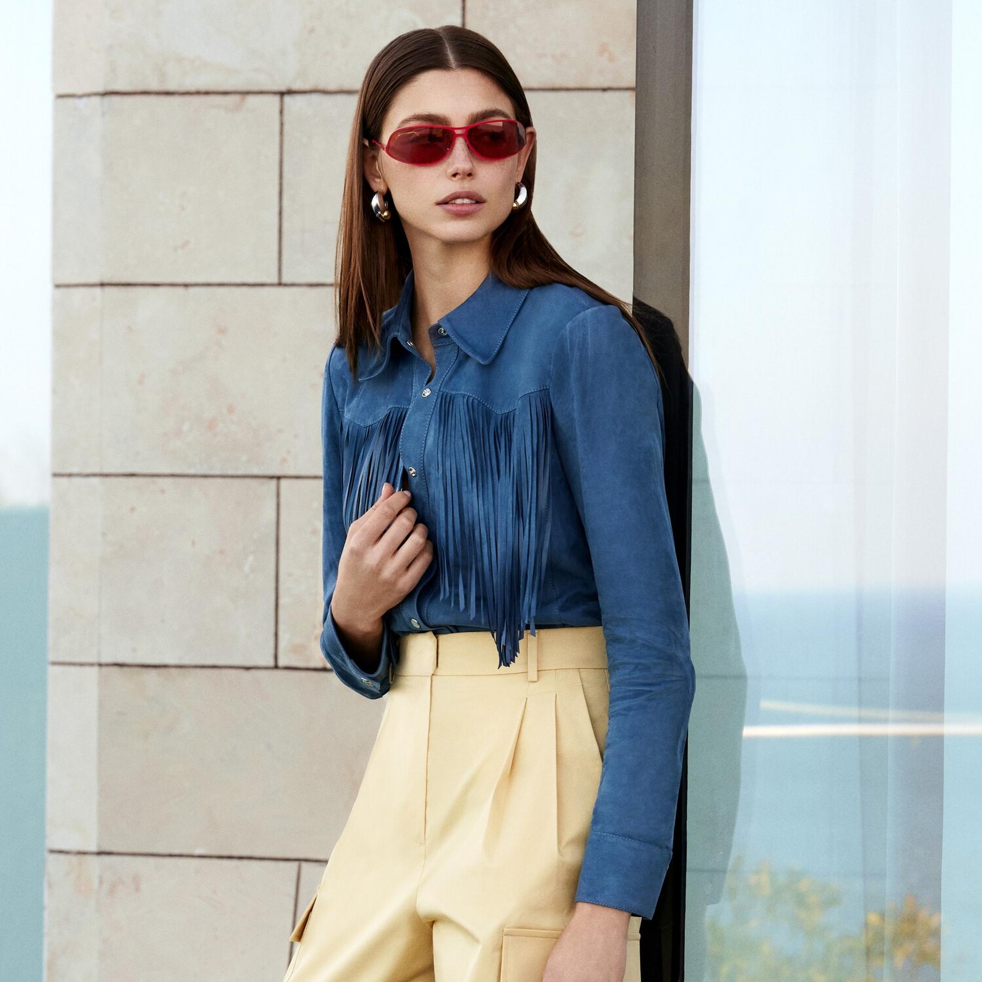 Breahne Mavi Kadın Püsküllü Western Süet Deri Gömlek