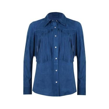  Breahne Mavi Kadın Püsküllü Western Süet Deri Gömlek