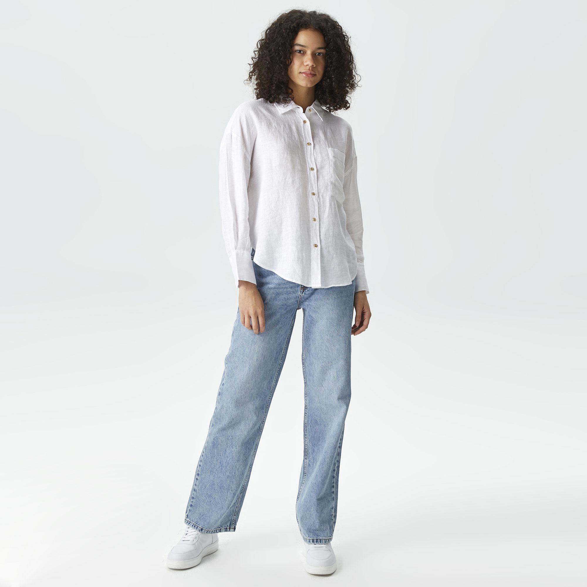 Nautica Kadın Beyaz Oversize Keten Gömlek