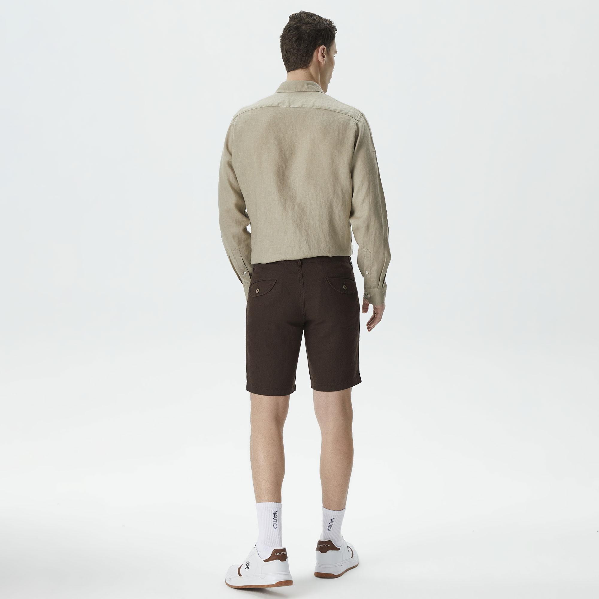 Nautica Erkek Kahverengi Slim Fit Keten Bermuda Şort