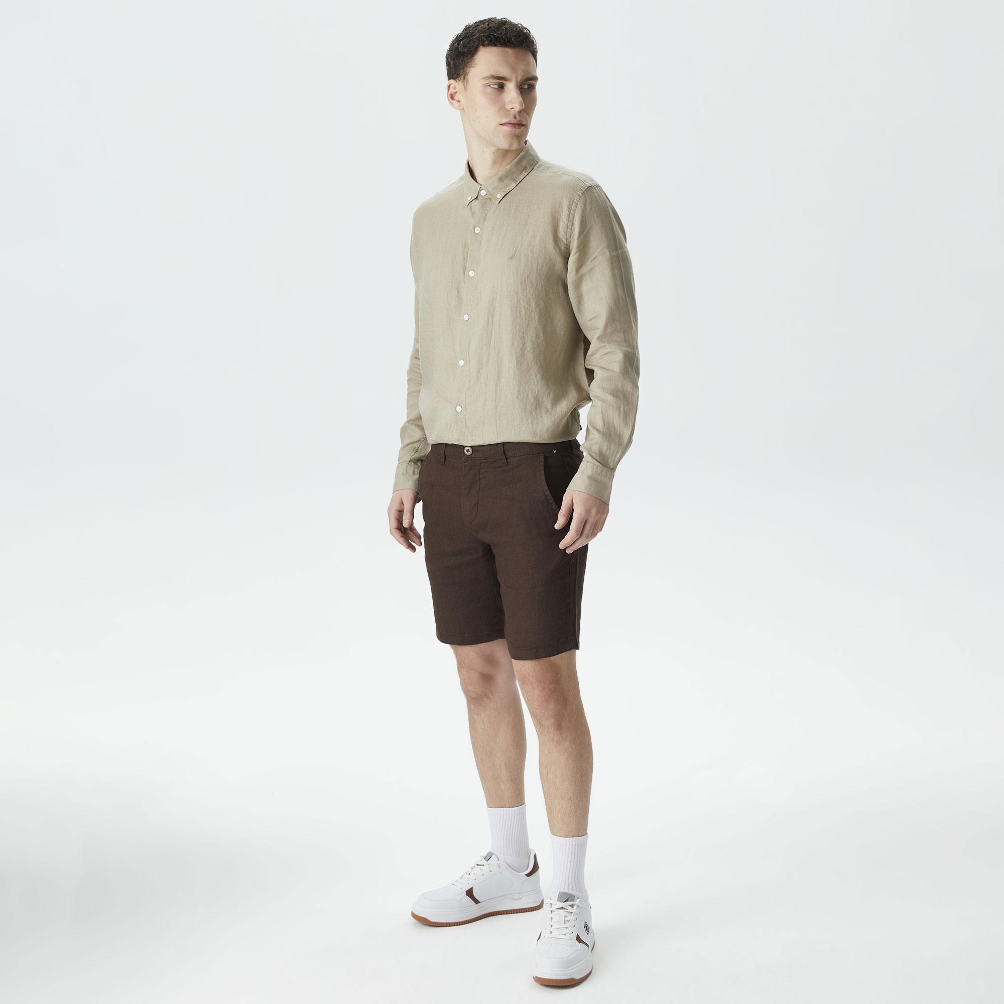 Nautica Erkek Kahverengi Slim Fit Keten Bermuda Şort