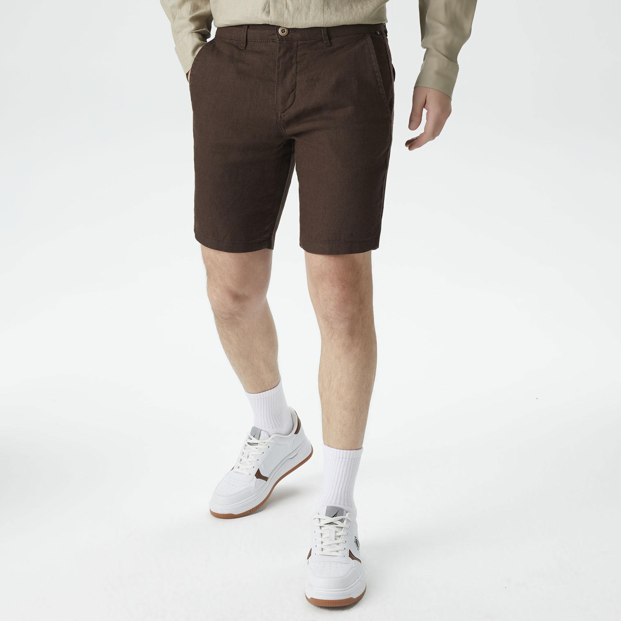 Nautica Erkek Kahverengi Slim Fit Keten Bermuda Şort