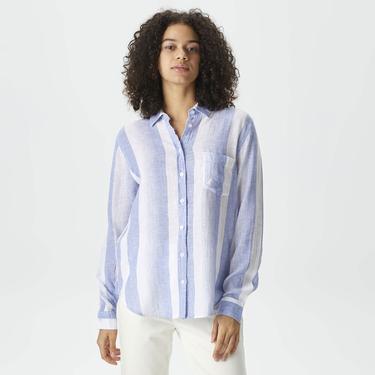  Nautica Kadın Mavi Standart Fit Uzun Kollu Çizgili Gömlek