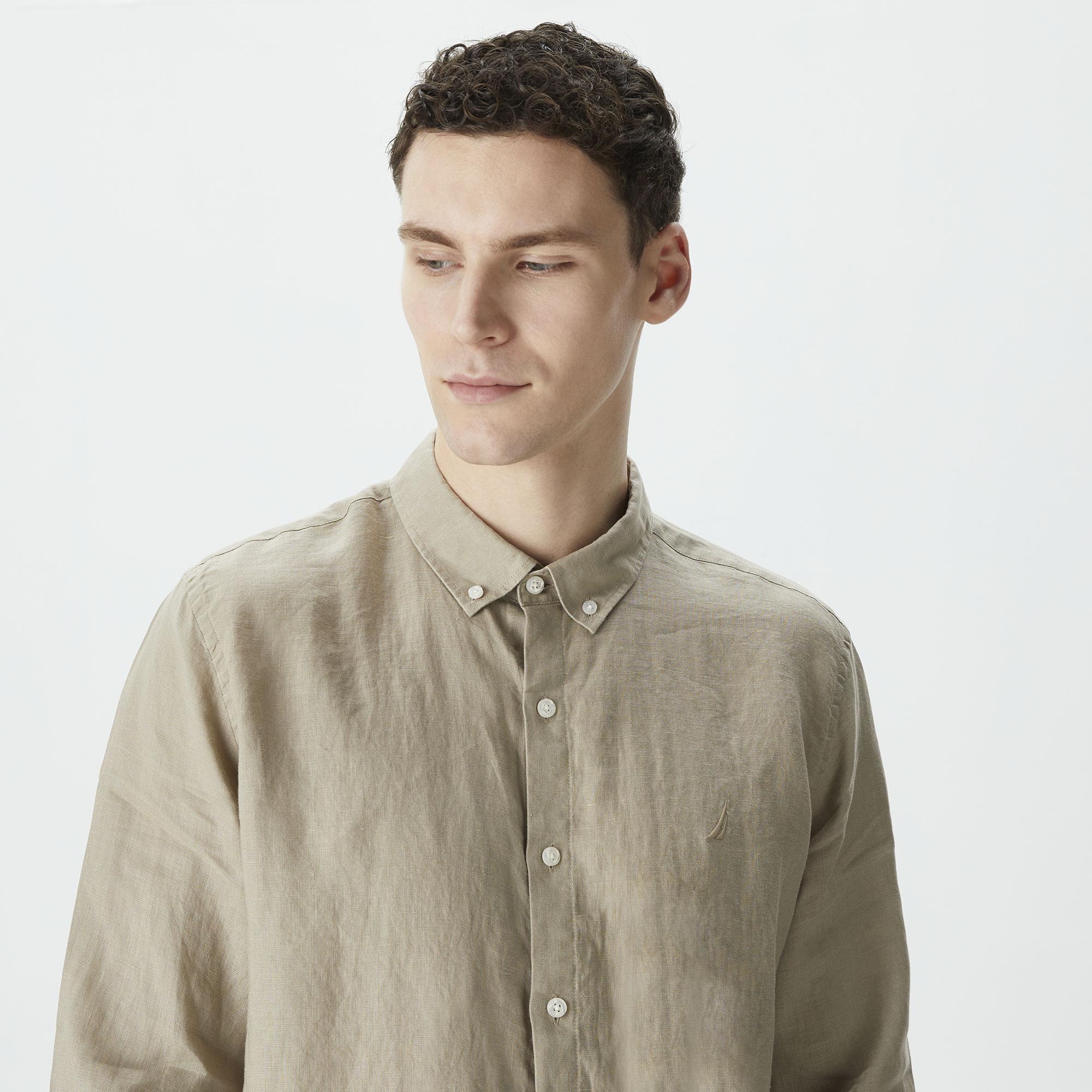 Nautica Erkek Bej Classic Fit Uzun Kollu Keten Gömlek