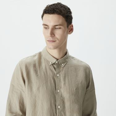  Nautica Erkek Bej Classic Fit Uzun Kollu Keten Gömlek